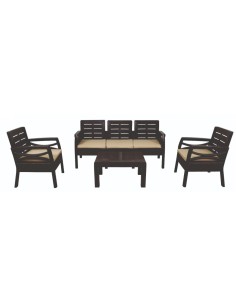 Pack FIONA, 2 sillones, 1 sofá de 3 plazas y mesa baja, polipropileno marrón, cojín beige