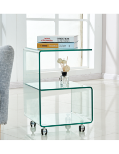 Mesa ABIGAIL, ruedas, cristal transparente, 40 x 40 cms