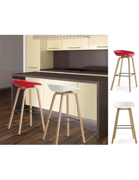 Taburete AWAK (TO), madera curvada, asiento polipropileno blanco