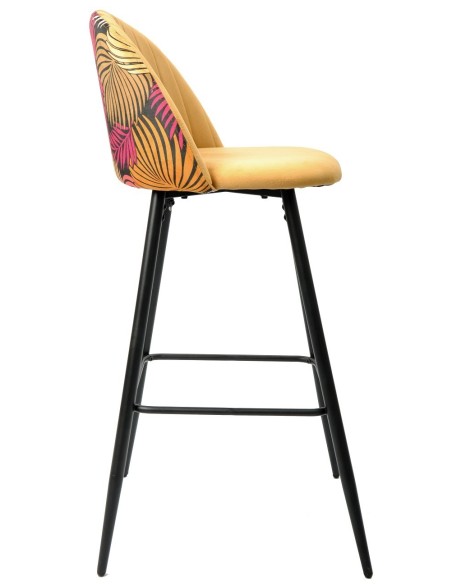 Taburete FLORAL, metal, tapizado velvet amarillo con trasera floral a juego