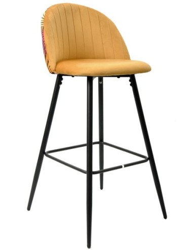 Taburete FLORAL, metal, tapizado velvet amarillo con trasera floral a juego