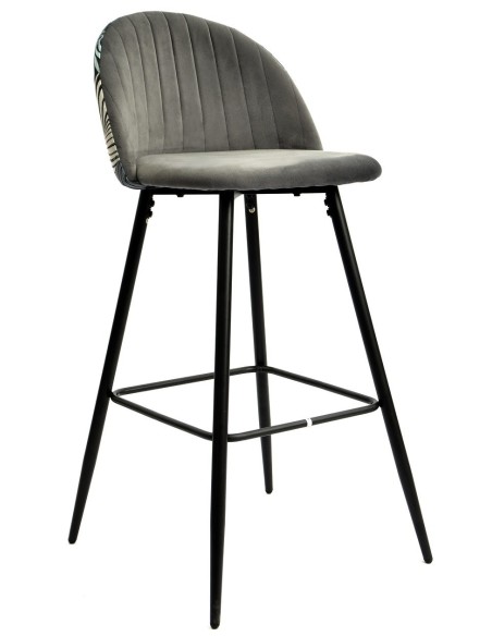 Taburete FLORAL, metal, tapizado velvet gris con trasera floral a juego