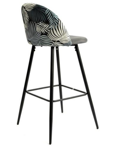Taburete FLORAL, metal, tapizado velvet gris con trasera floral a juego