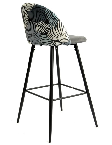 Taburete FLORAL, metal, tapizado velvet gris con trasera floral a juego