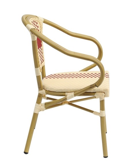 Sillón GARNIER, apilable, aluminio, ratán beige y rojo