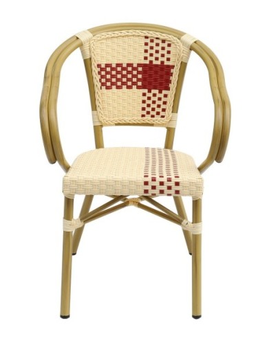 Sillón GARNIER, apilable, aluminio, ratán beige y rojo