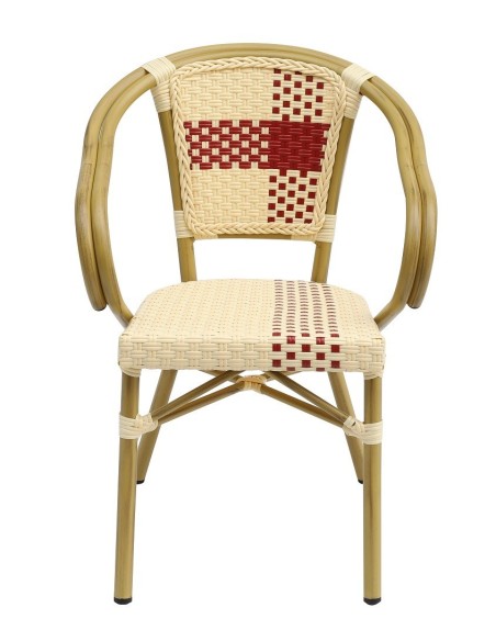 Sillón GARNIER, apilable, aluminio, ratán beige y rojo