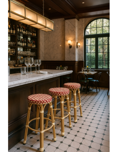 Taburete GARNIER, apilable, aluminio, ratán beige y rojo