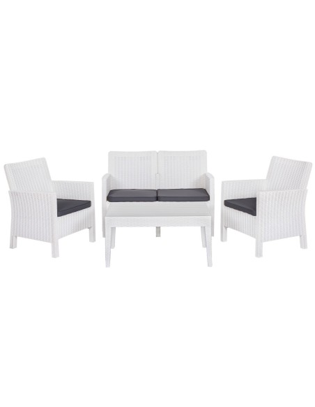 Set ADRIÁTICO, 2 Sillones + Sofá 2 plazas + mesa, polipropileno blanco, cojines incluidos