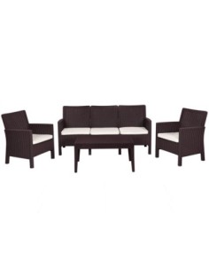 Set ADRIÁTICO, 2 Sillones + Sofá 3 plazas + mesa, polipropileno chocolate, cojines incluidos