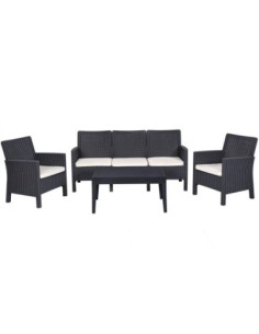 Set ADRIÁTICO, 2 Sillones + Sofá 3 plazas + mesa, polipropileno antracita, cojines incluidos