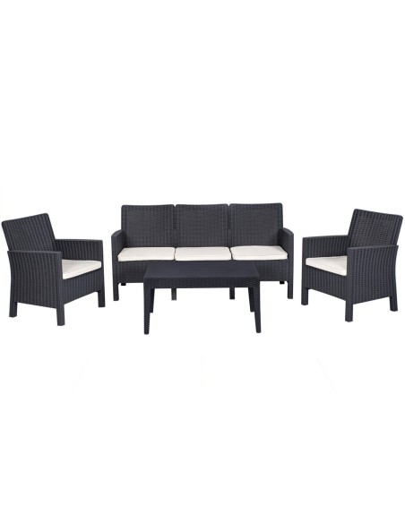 Set ADRIÁTICO, 2 Sillones + Sofá 3 plazas + mesa, polipropileno antracita, cojines incluidos