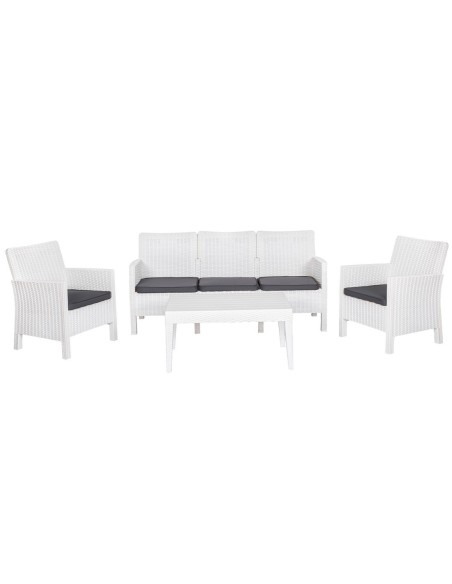 Set ADRIÁTICO, 2 Sillones + Sofá 3 plazas + mesa, polipropileno blanco, cojines incluidos