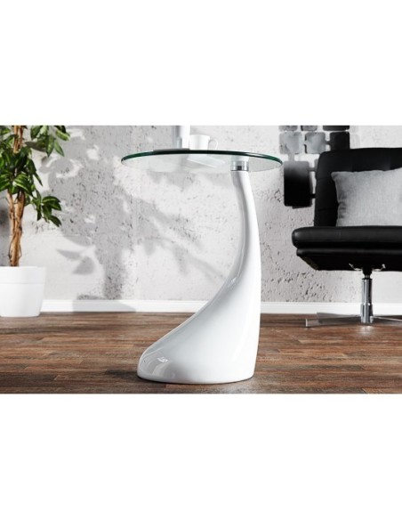Mesa PEAR, baja, blanca, cristal, 50 cms de diámetro