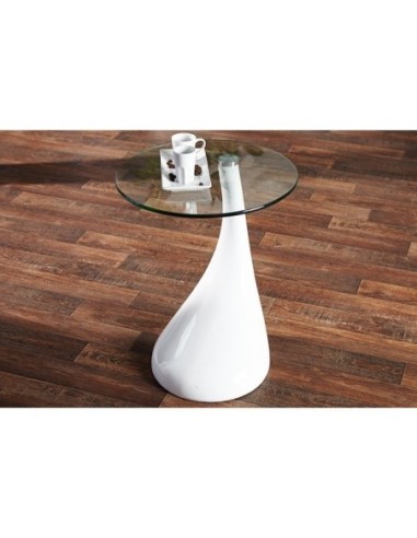 Mesa PEAR, baja, blanca, cristal, 50 cms de diámetro