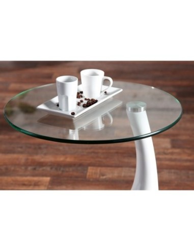 Mesa PEAR, baja, blanca, cristal, 50 cms de diámetro