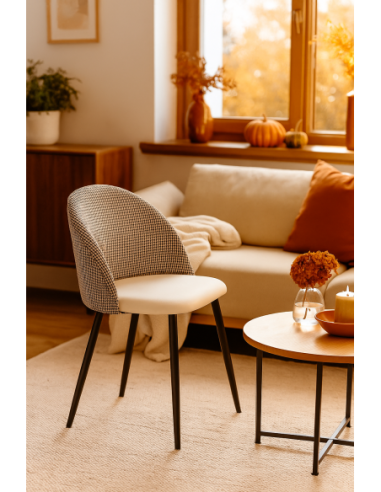 Silla ETNA, metal negro, tapizado pata de gallo y similpiel blanca