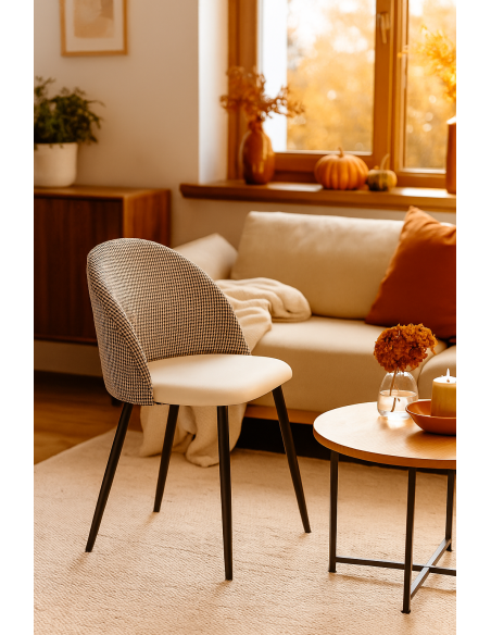 Silla ETNA, metal negro, tapizado pata de gallo y similpiel blanca