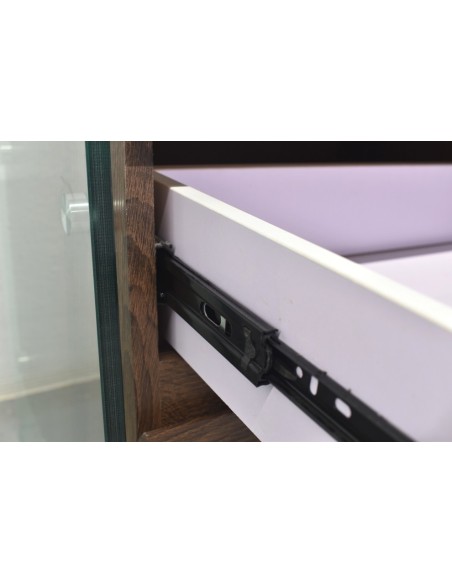 Mesa SEBAS, baja, cristal curvado, dos cajones, 50 x 43 cms