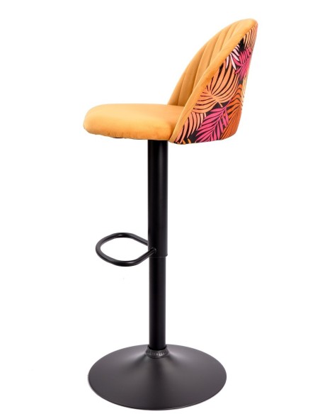 Taburete FLOWER, regulable, metal negro, tapizado velvet amarillo con trasera floral a juego