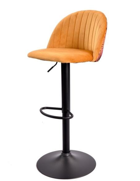 Taburete FLOWER, regulable, metal negro, tapizado velvet amarillo con trasera floral a juego