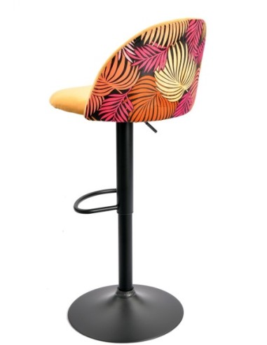 Taburete FLOWER, regulable, metal negro, tapizado velvet amarillo con trasera floral a juego