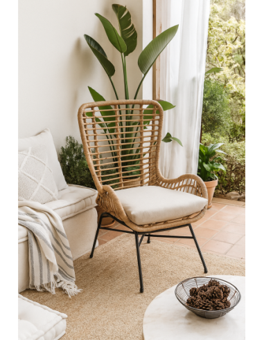 Sillón JAVA, metal, cojín, ratán beige