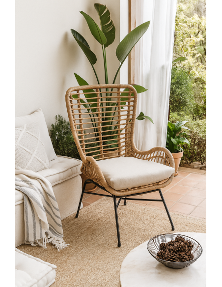 Sillón JAVA, metal, cojín, ratán beige