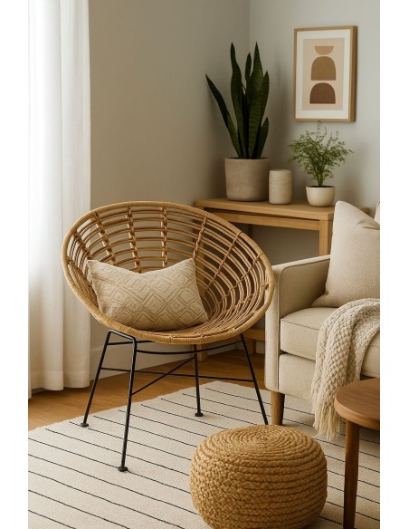 Sillón CIDORA, metal, ratán beige