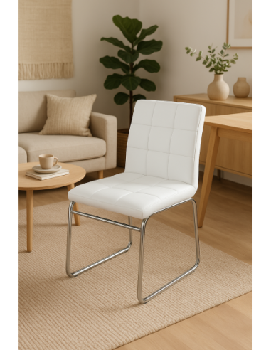 Silla BERTA, cromada, similpiel blanca