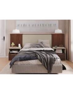 Cabecero LUCIUS, extensible, 2 mesillas de noche, MDP habana y blanco roto