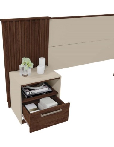 Cabecero LUCIUS, extensible, 2 mesillas de noche, MDP habana y blanco roto