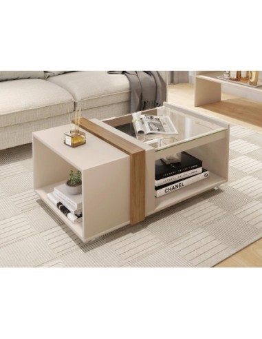 Mesa FRANCIA, baja, cristal, MDP blanco roto y miel, 90,5 x 54 cms