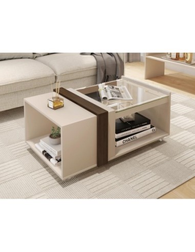 Mesa FRANCIA, baja, cristal, MDP blanco roto y nogal, 90,5 x 54 cms