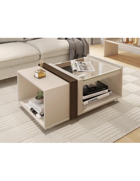 Mesa FRANCIA, baja, cristal, MDP blanco roto y nogal, 90,5 x 54 cms