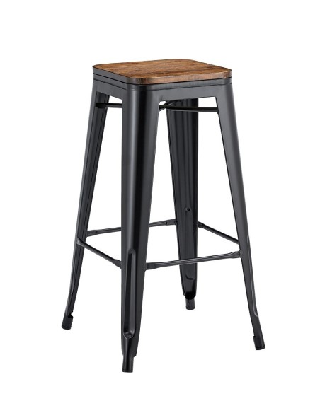 Taburete TOL EK WOOD, acero, negro, asiento madera