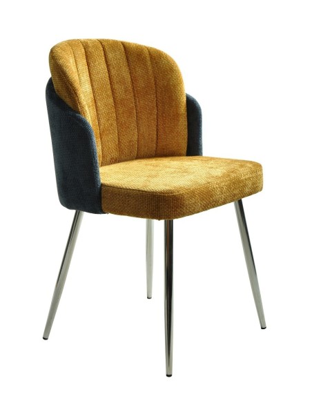 Silla DRESDE, cromada, tapizada chenilla azul y amarillo