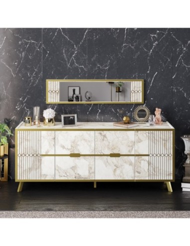 Aparador ELOISE, biIaminado mármol blanco con detalles dorados, 180 cms.