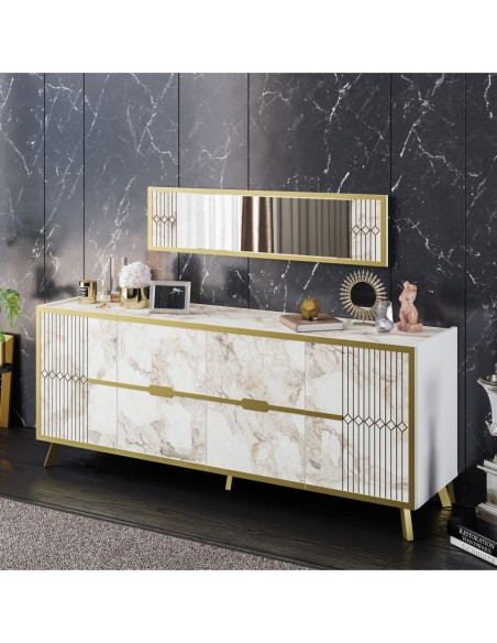 Aparador ELOISE, biIaminado mármol blanco con detalles dorados, 180 cms.