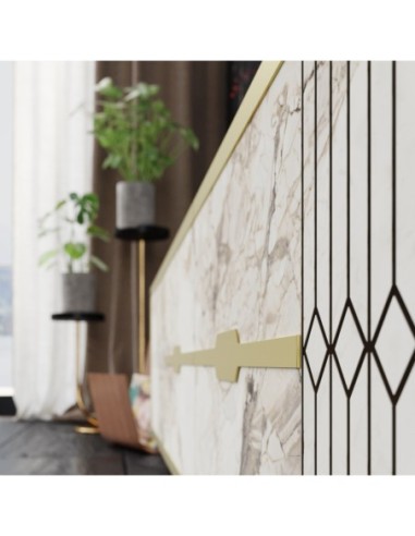 Aparador ELOISE, biIaminado mármol blanco con detalles dorados, 180 cms.