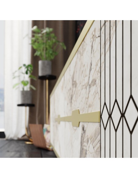 Aparador ELOISE, biIaminado mármol blanco con detalles dorados, 180 cms.