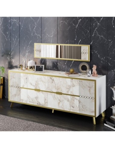 Espejo ELOISE, biIaminado mármol blanco con detalles dorados, 120 cms.