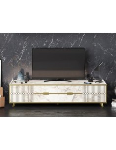 Mueble de TV ELOISE, biIaminado mármol blanco con detalles dorados, 180 cms.