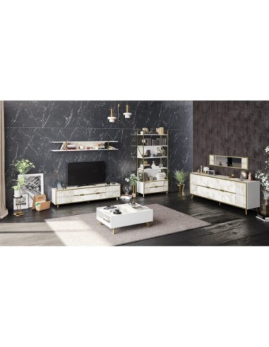 Mueble de TV ELOISE, biIaminado mármol blanco con detalles dorados, 180 cms.