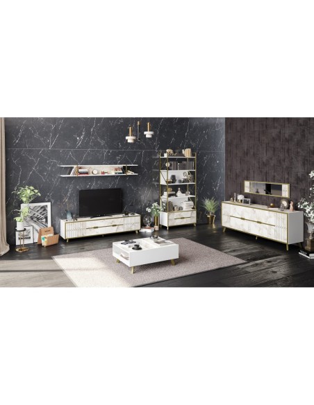 Mueble de TV ELOISE, biIaminado mármol blanco con detalles dorados, 180 cms.