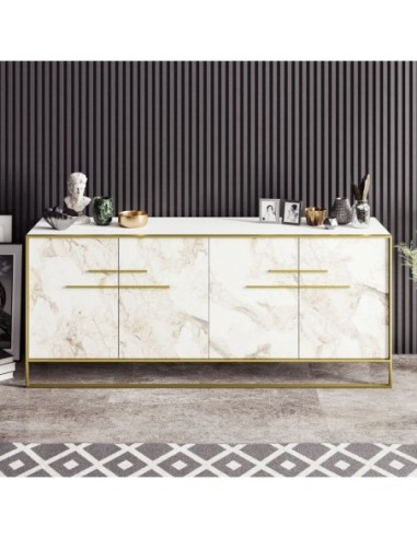 Aparador SIENA, biIaminado mármol blanco con metal dorado, 180 cms.