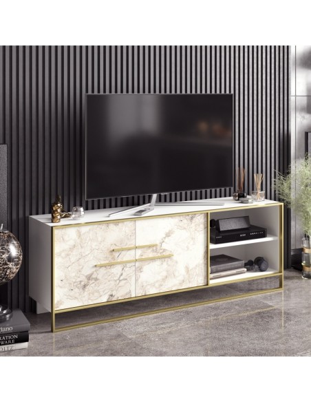 Mueble de TV SIENA, biIaminado mármol blanco con metal dorado, 160 cms.