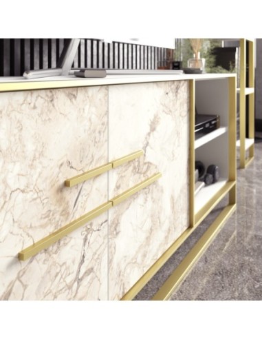 Mueble de TV SIENA, biIaminado mármol blanco con metal dorado, 160 cms.