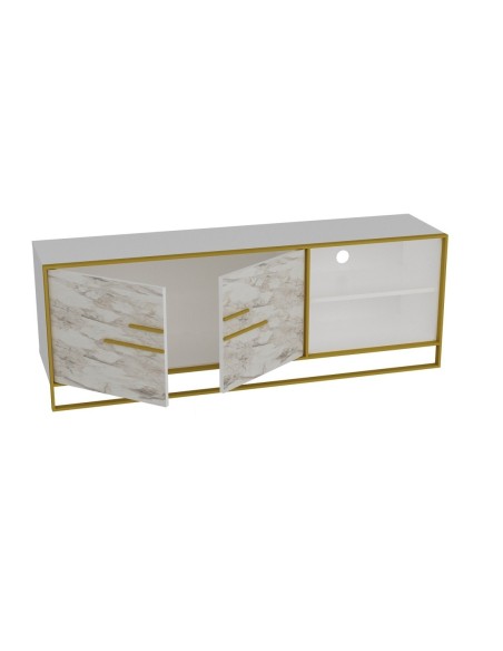 Mueble de TV SIENA, biIaminado mármol blanco con metal dorado, 160 cms.