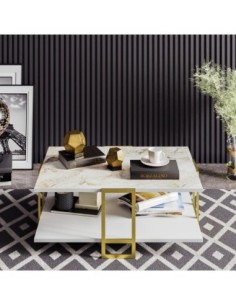 Mesa baja SIENA, biIaminado mármol blanco, con metal dorado 91,5 cms. 2